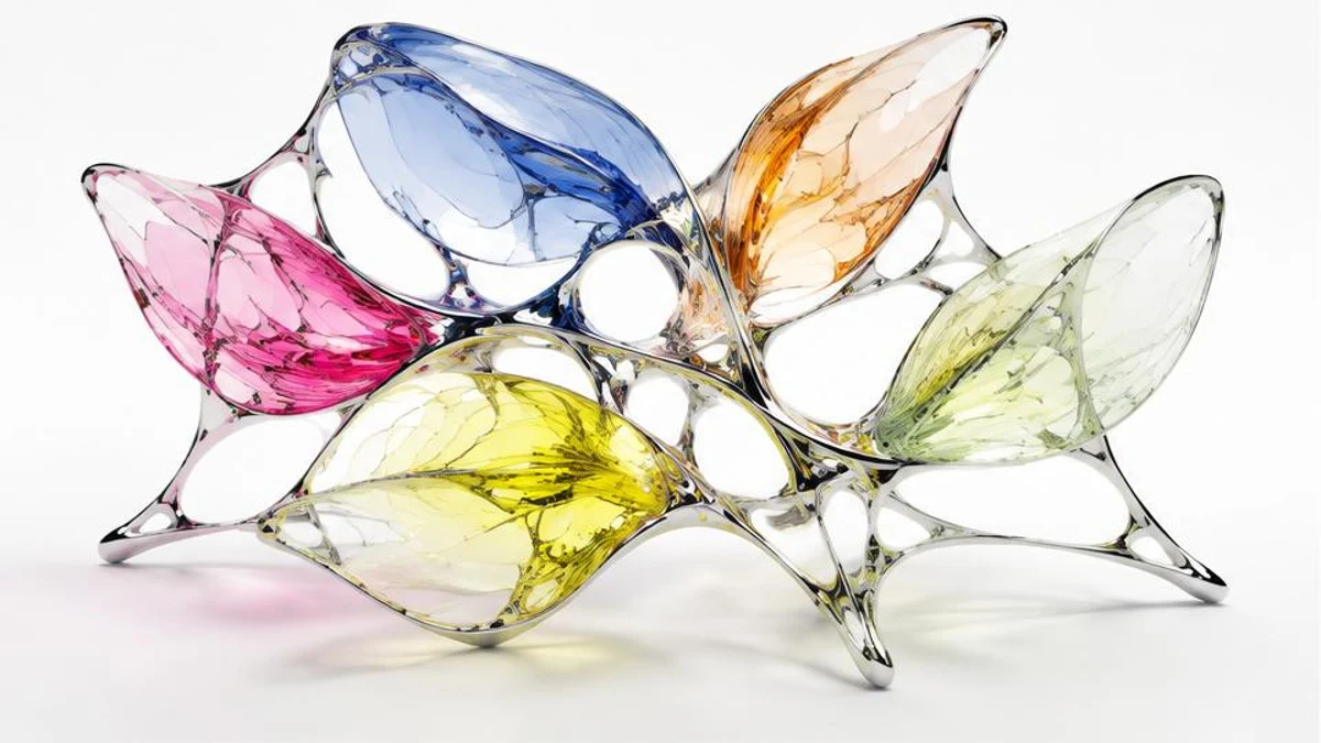 Interconnected chrome mesh supporting glass leaves, representing traceable sources